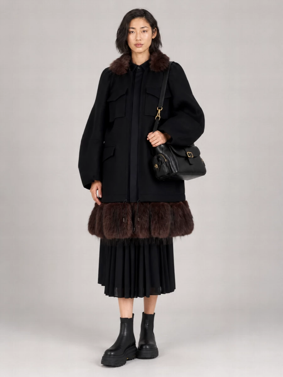 Sacai wool faux fur trim oversized coat
