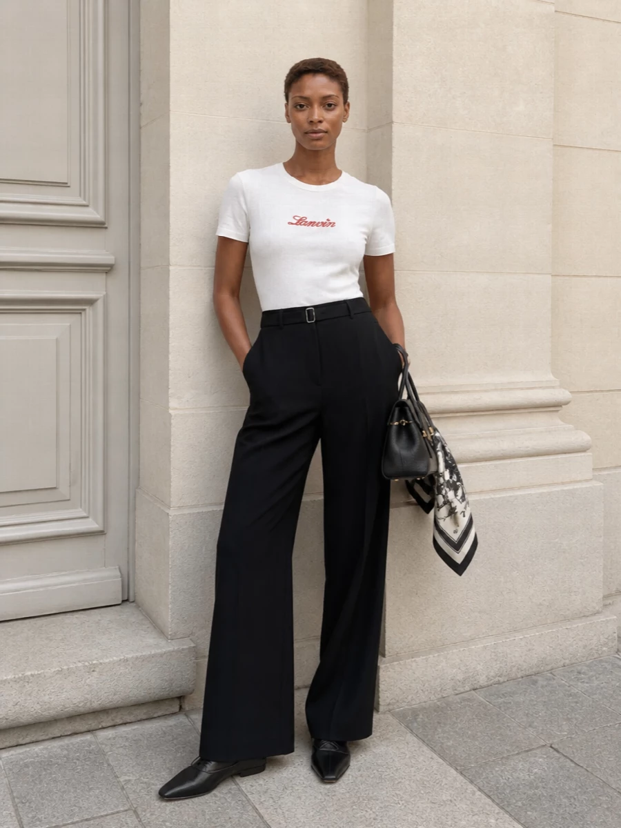 An ivory logo tee is sharpened with high-waisted black wide-leg trousers for a clean, elongated silhouette. Black pointed flats keep the mood relaxed yet polished, while a structured mini top-handle bag and a graphic silk scarf bring a precise, Parisian finish. The result is quietly confident day dressing that moves easily from casual meetings to dinner.