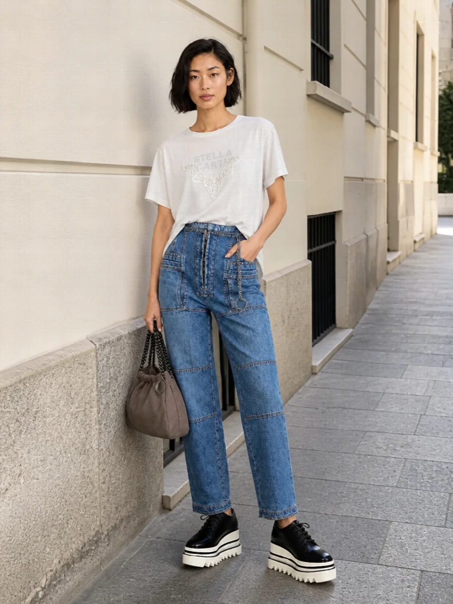 Stella mccartney utility jeans lace tee platform sneakers