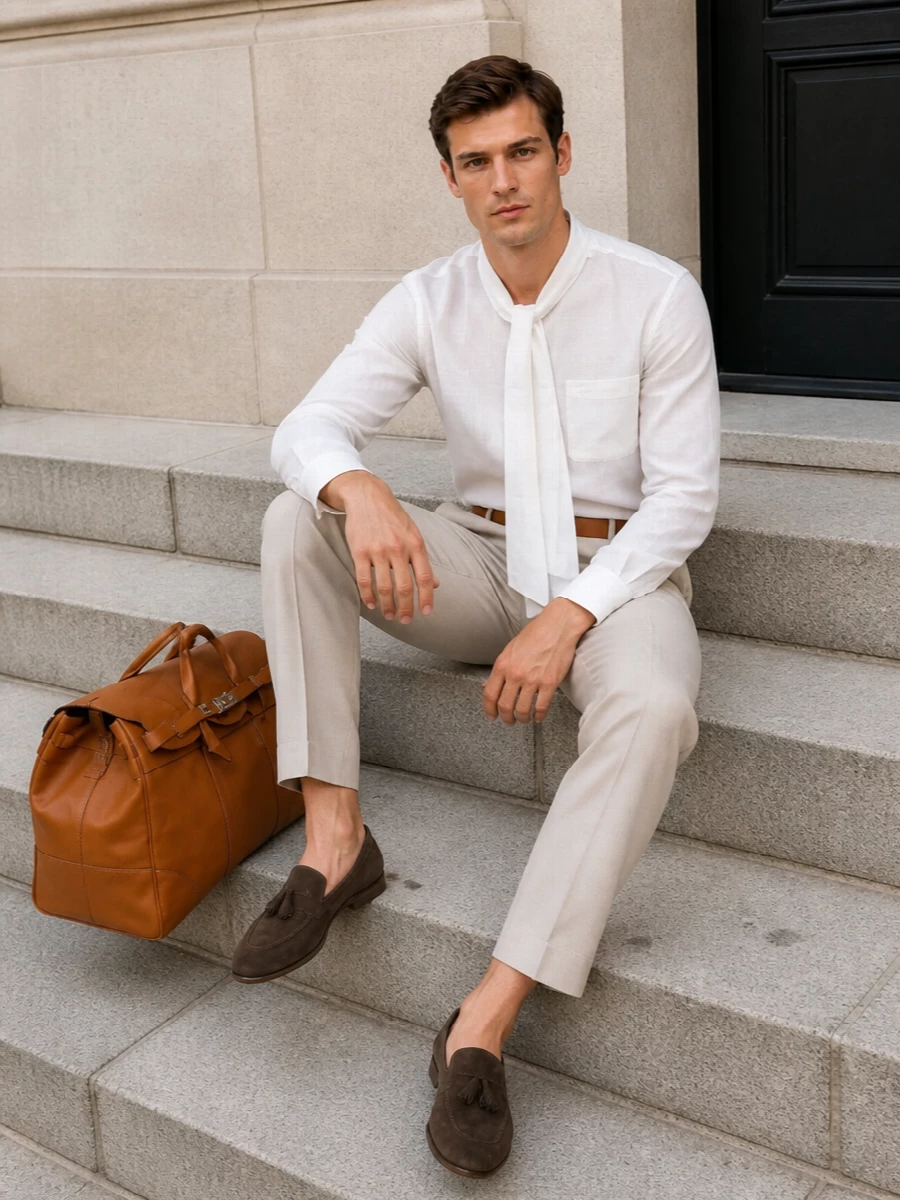 Moschino beige trousers white shirt loafers