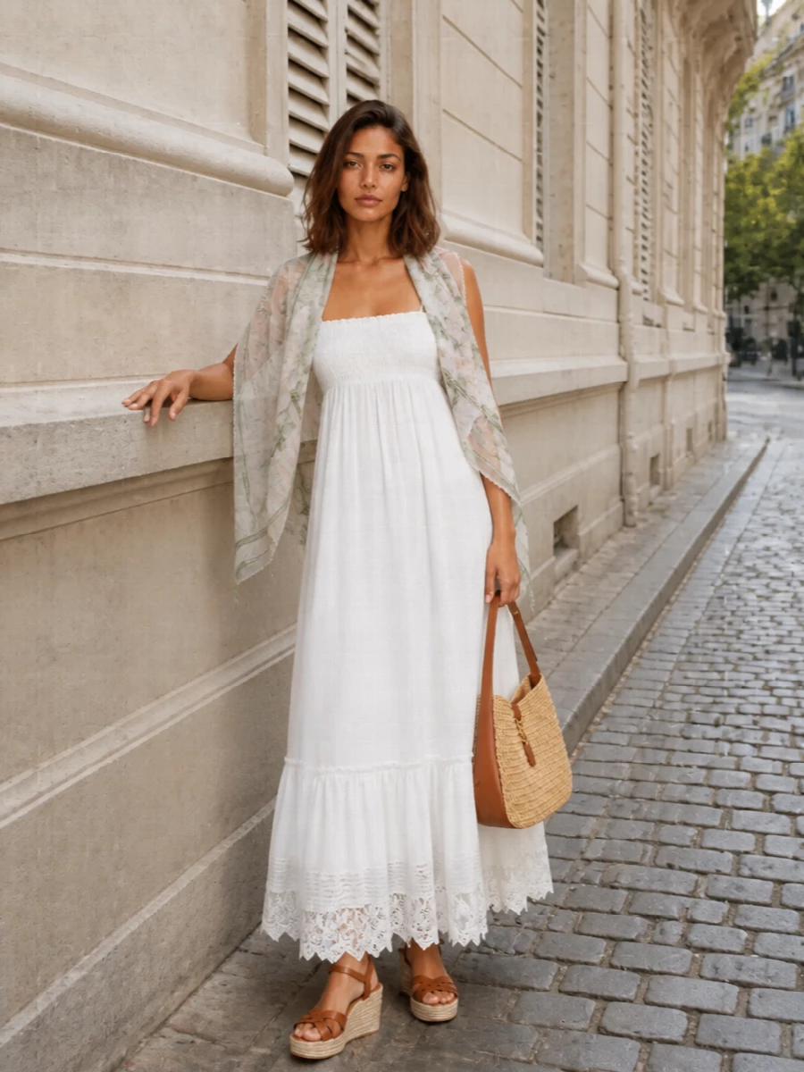 Saint laurent ivory slip dress espadrilles raffia bag