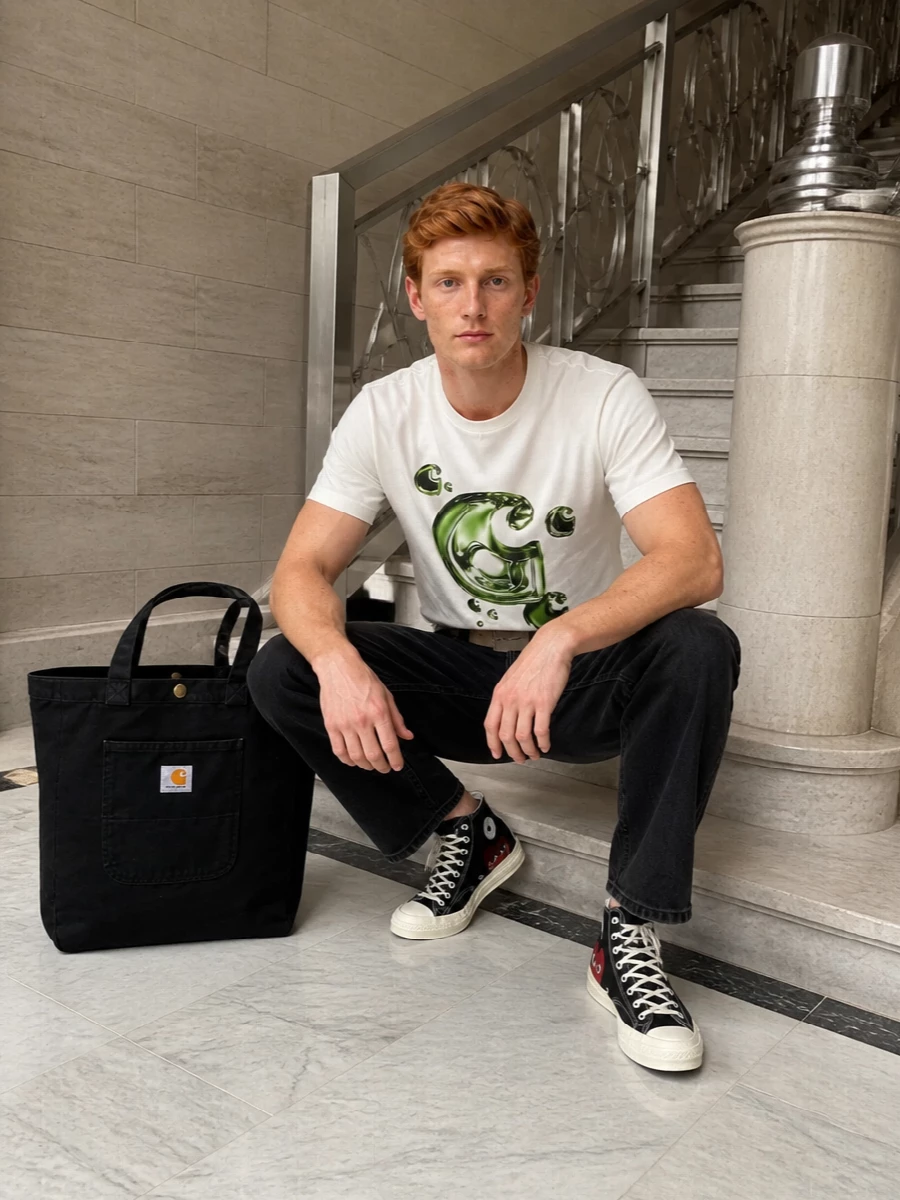 Carhartt graphic tee black jeans cdg hi tops
