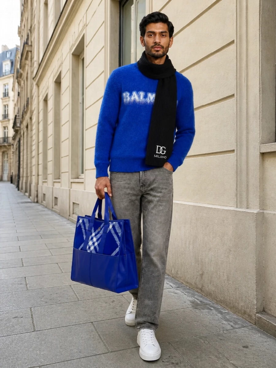 Balmain’s fuzzy cobalt logo knit is grounded with washed-grey straight-leg denim for a relaxed, Parisian streetwear feel that still reads considered. Clean white leather sneakers keep the look crisp and modern, while the oversized cobalt tote ties back to the knit for a confident, graphic colour story finished with a discreetly luxe black scarf at the neck. It’s an easy cold-weather uniform that feels bold but undeniably polished.