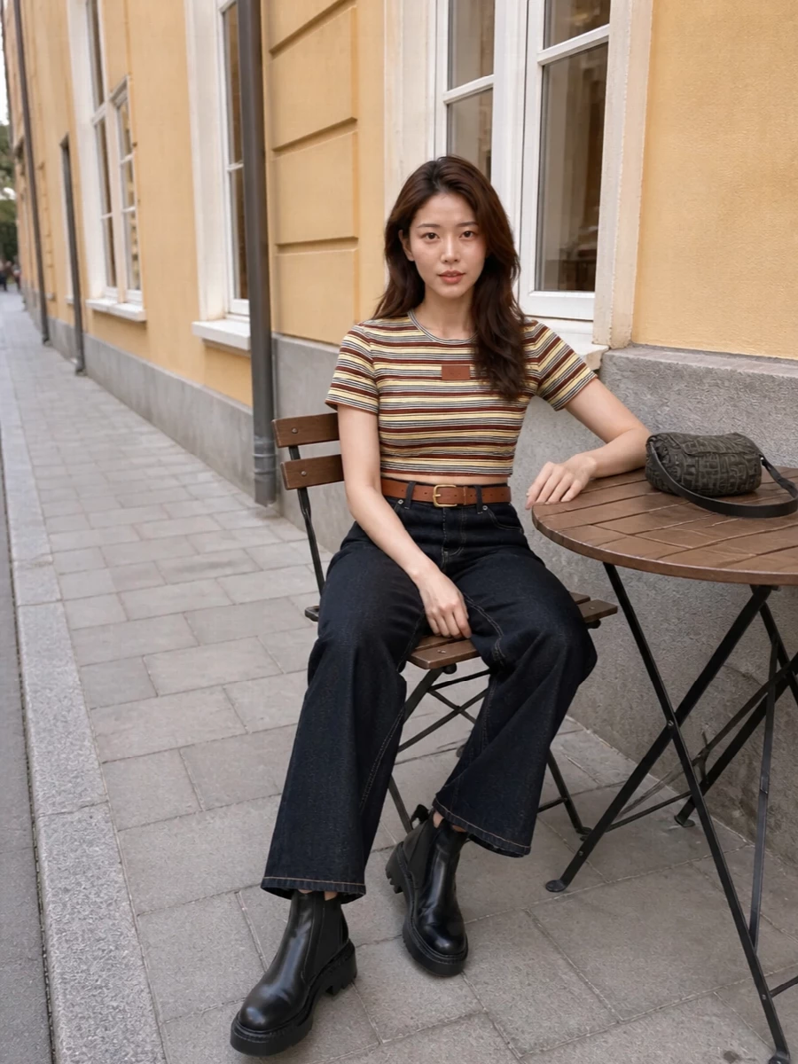 Fendi striped cropped top dark wide leg jeans outfit
