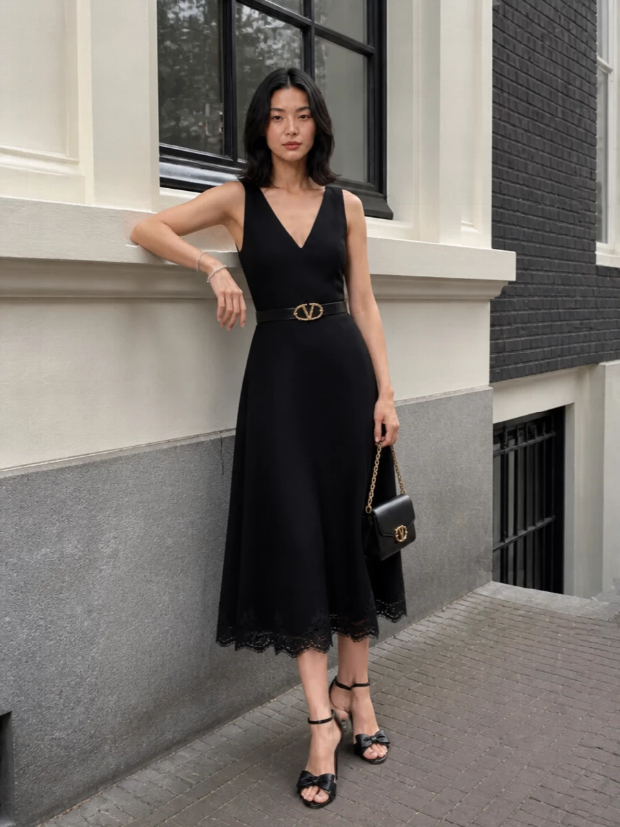 Valentino black midi dress bow heels belt