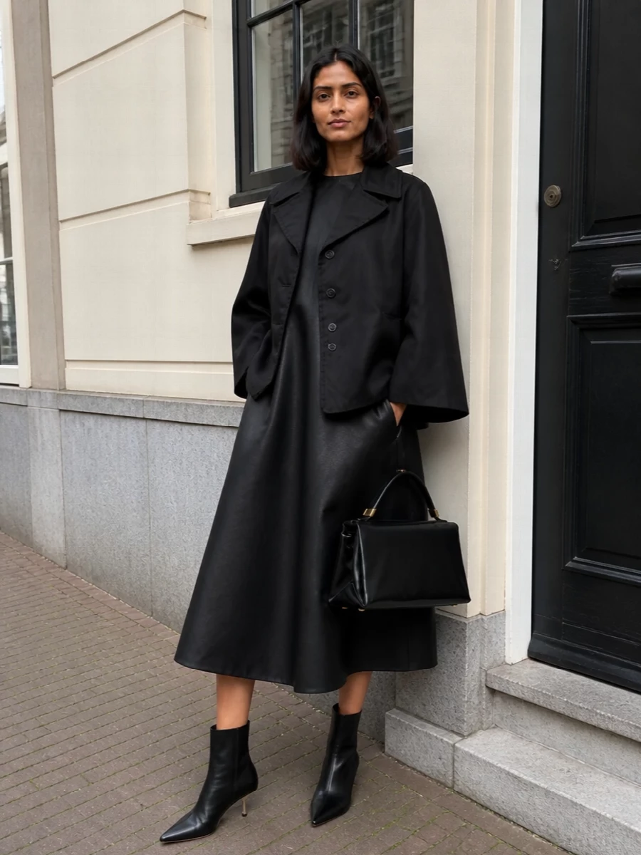 Marni black cape sculpted midi dress outfit