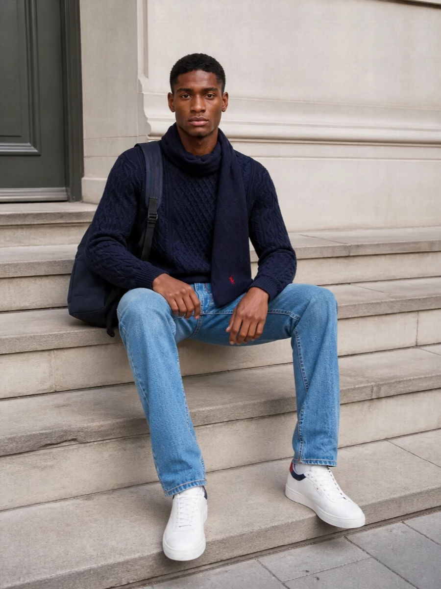 Tommy hilfiger navy cable sweater polo jeans