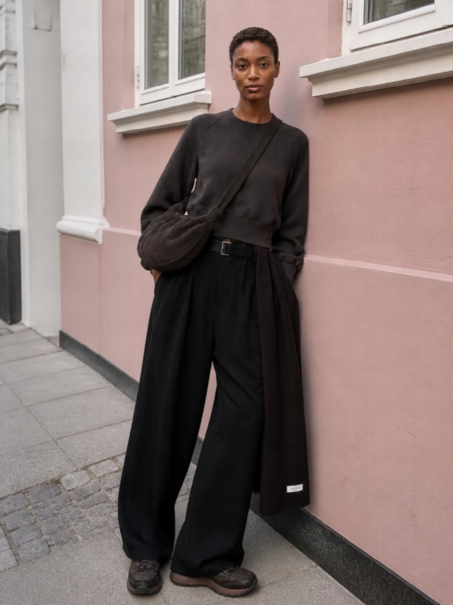 Sacai sweatshirt wide leg trousers brown sneakers