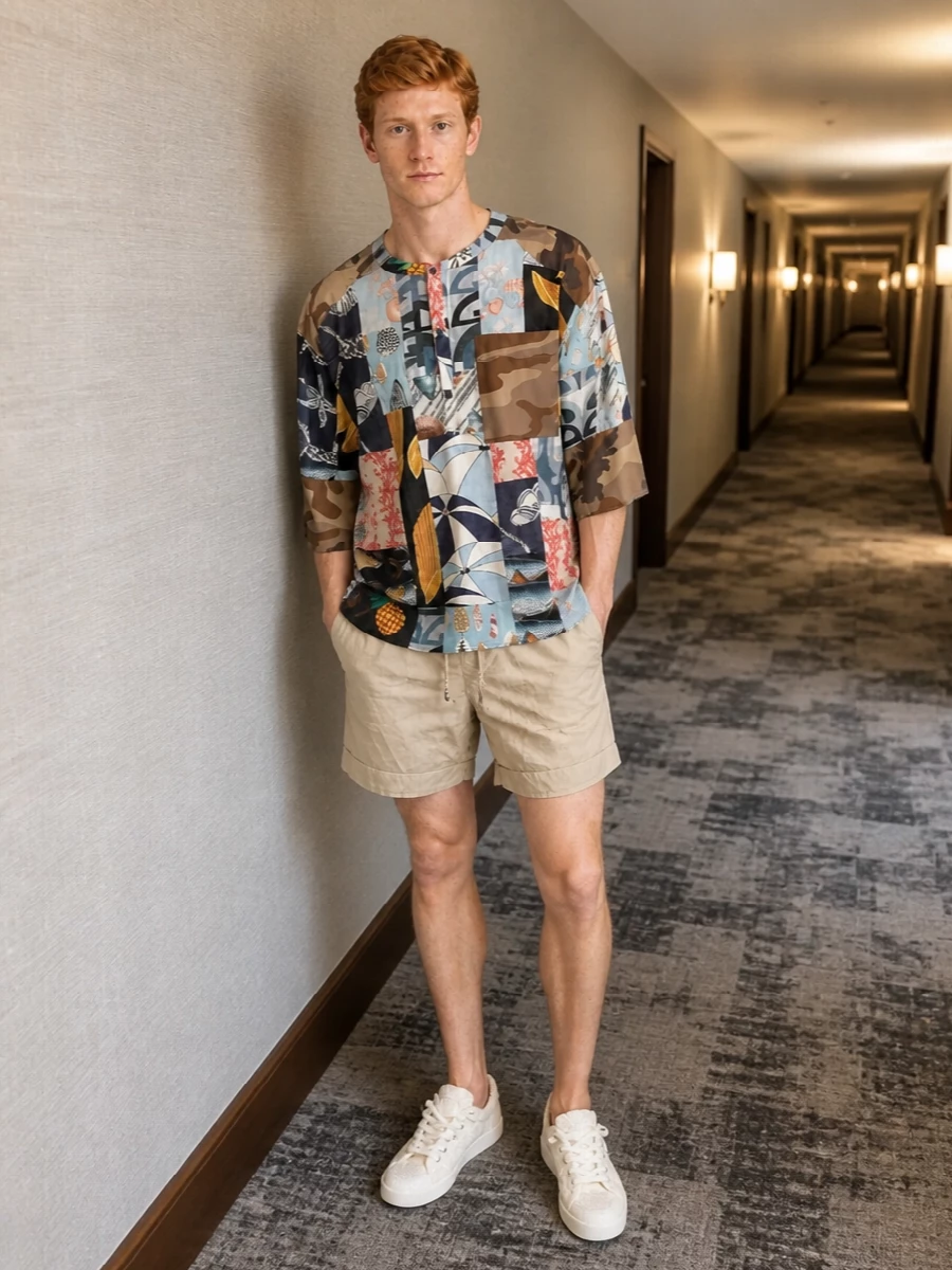 Dolce gabbana patchwork tee sand shorts outfit