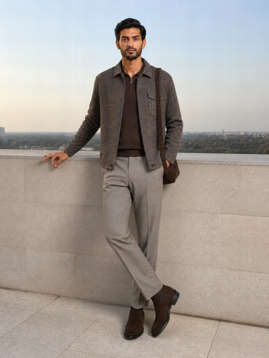 Vince shirt jacket taupe trousers chelsea boots