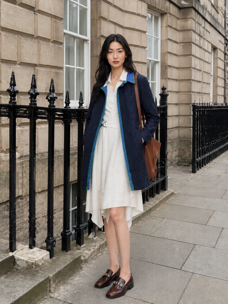 Loewe navy coat ivory wrap shirt dress outfit