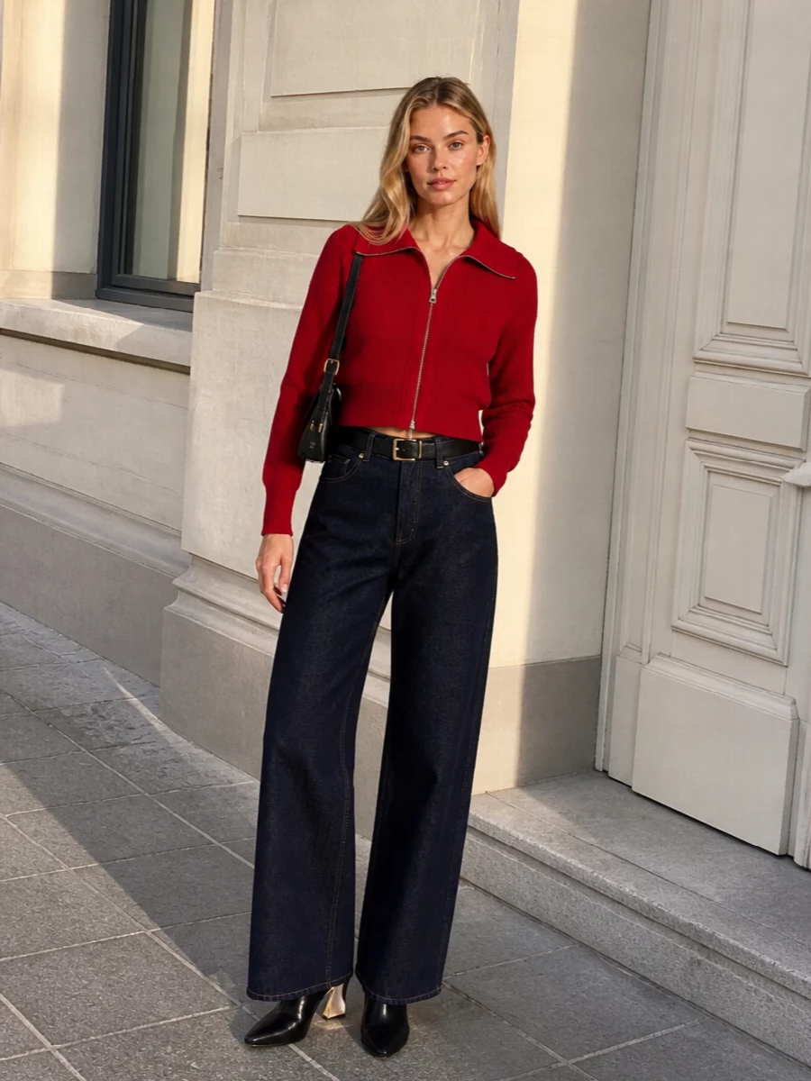Givenchy red zip sweater wide leg jeans outfit