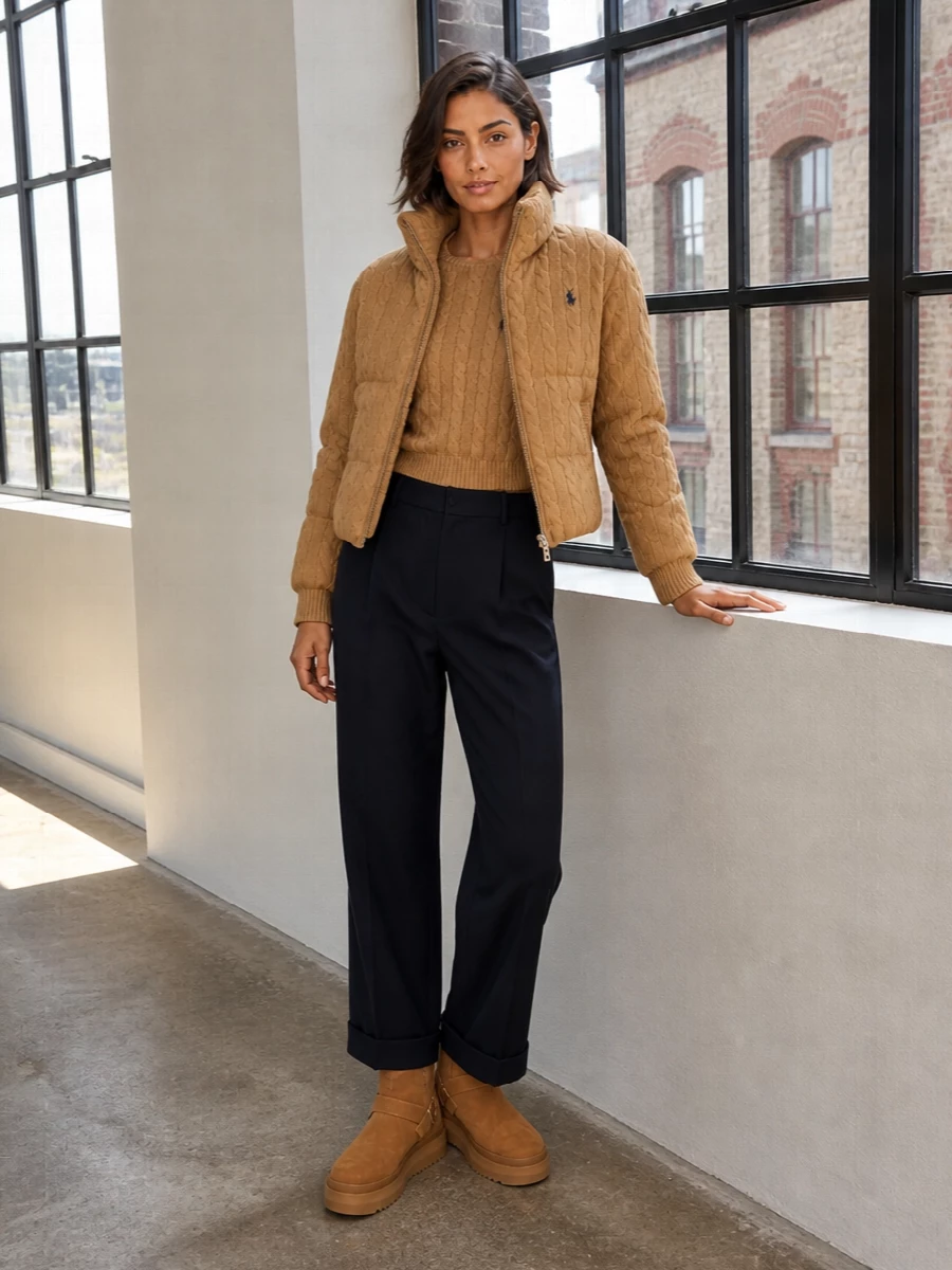 Polo ralph lauren camel puffer navy trousers outfit