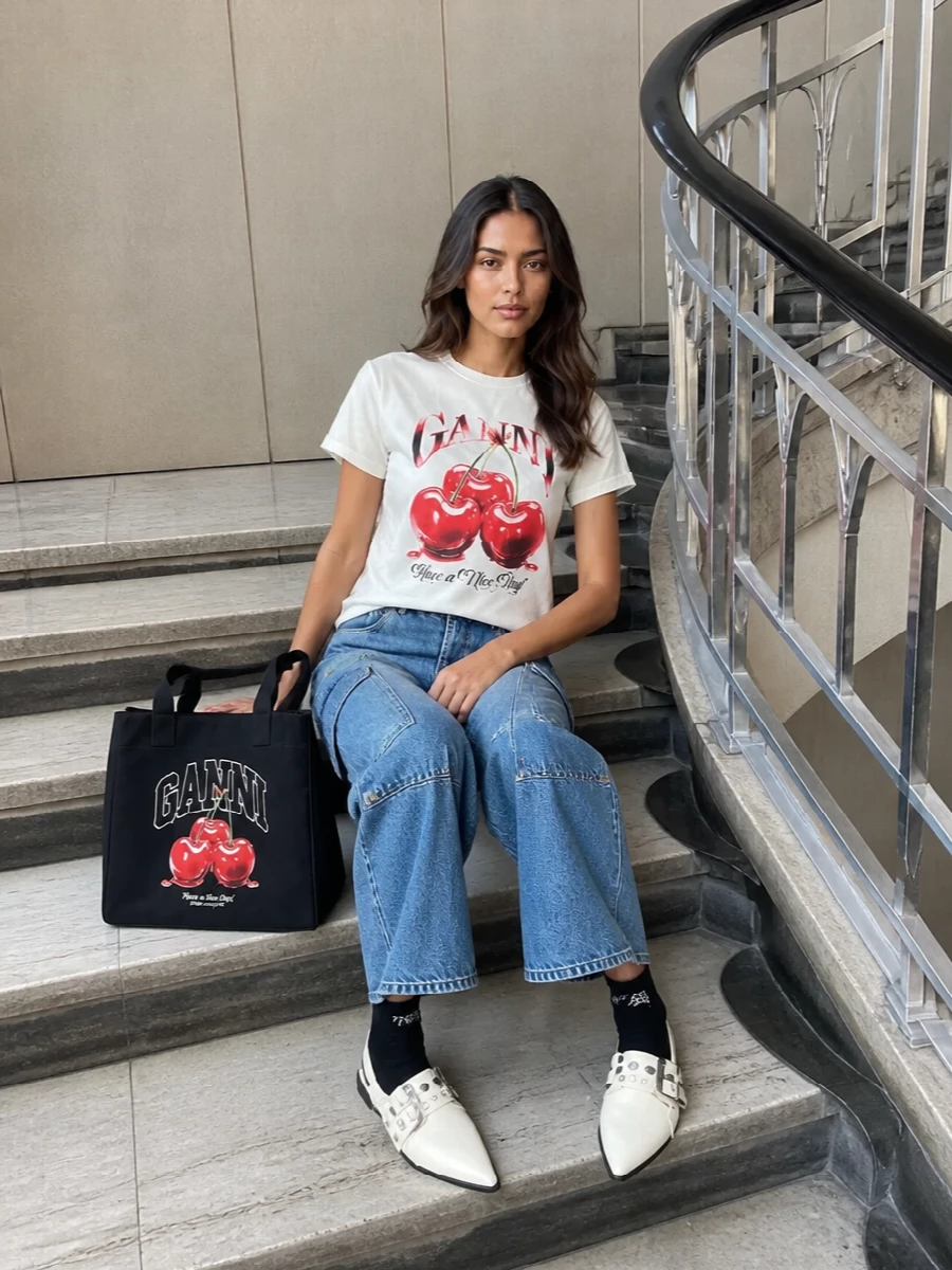 Ganni cherry tshirt utility jeans slingbacks