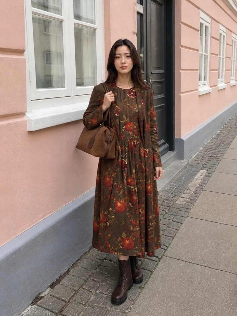 Here the coat and dress become a single Uma Wang pomegranate column, all soft movement and painterly texture in warm tobacco and red. I chose the dress path rather than separates so the print reads intentional and romantic, not fragmented, then grounded it with dark chocolate combat boots and a structured suede bag for quiet, winter-city ease.