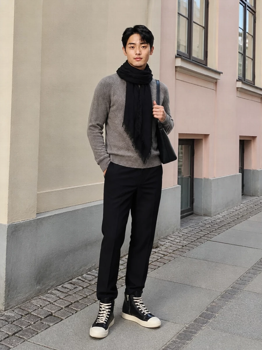 Rick owens sweater black tailored trousers outfit