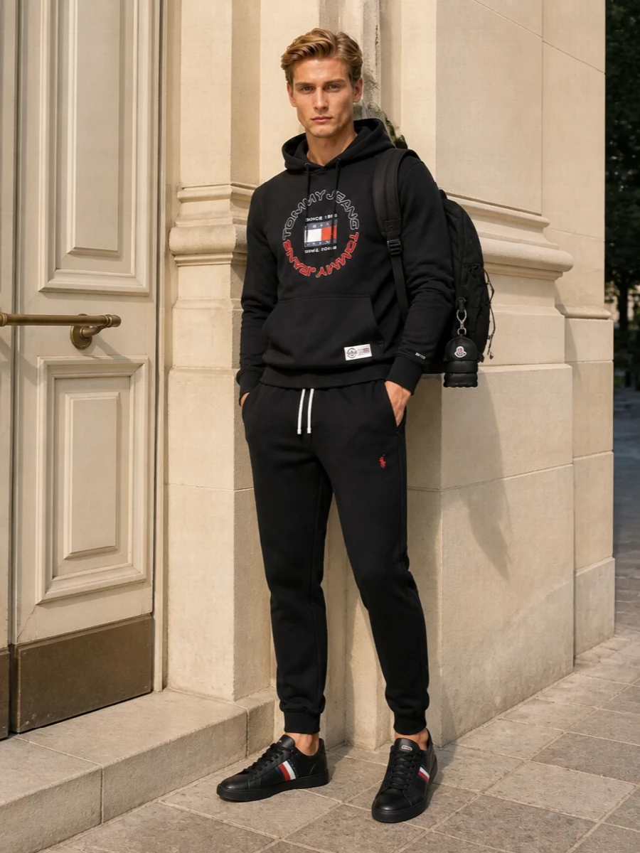 Tommy hoodie black joggers sneakers street style