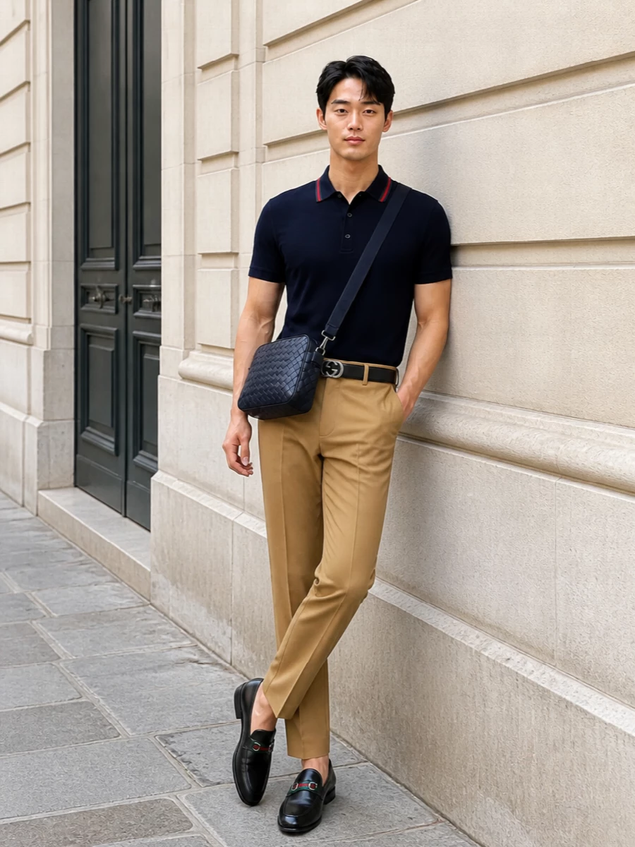 Gucci polo camel trousers smart casual outfit