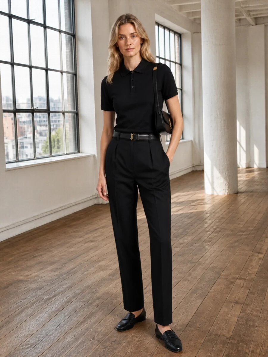 Saint laurent black polo tailored trousers outfit