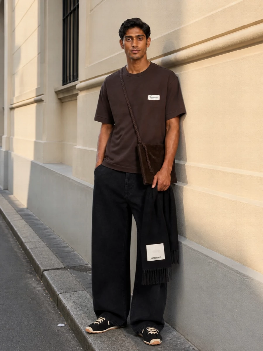 Jacquemus brown tshirt black wide leg jeans outfit