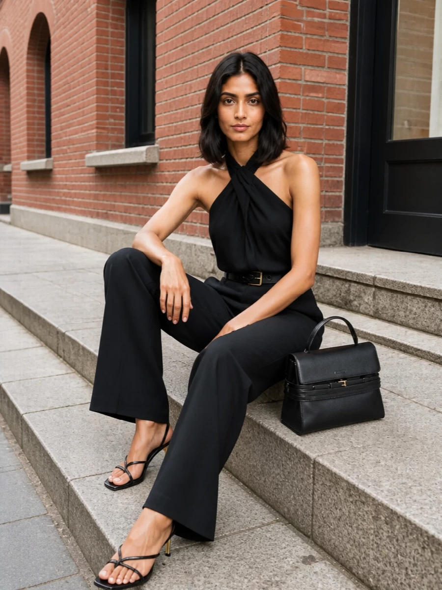 Moschino black halter jumpsuit outfit heels