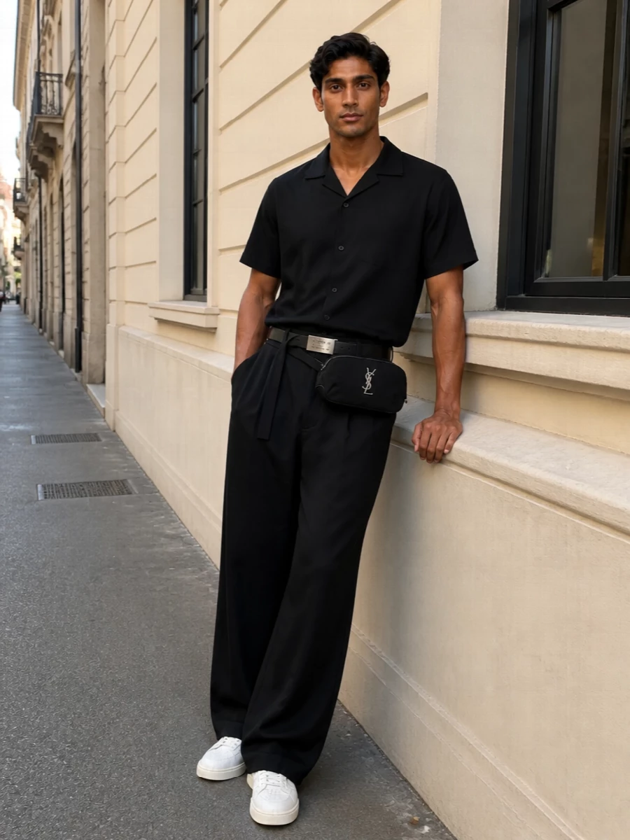 Ami’s wide black trouser is paired with a relaxed camp-collar shirt for a clean, flowing silhouette that stays firmly in quiet-luxury territory. Bright white Amiri sneakers and a sharp Saint Laurent belt bag bring a crisp, urban contrast to the monochrome base. The slim Margiela belt quietly sharpens the waist so the volume reads intentional, not loose.