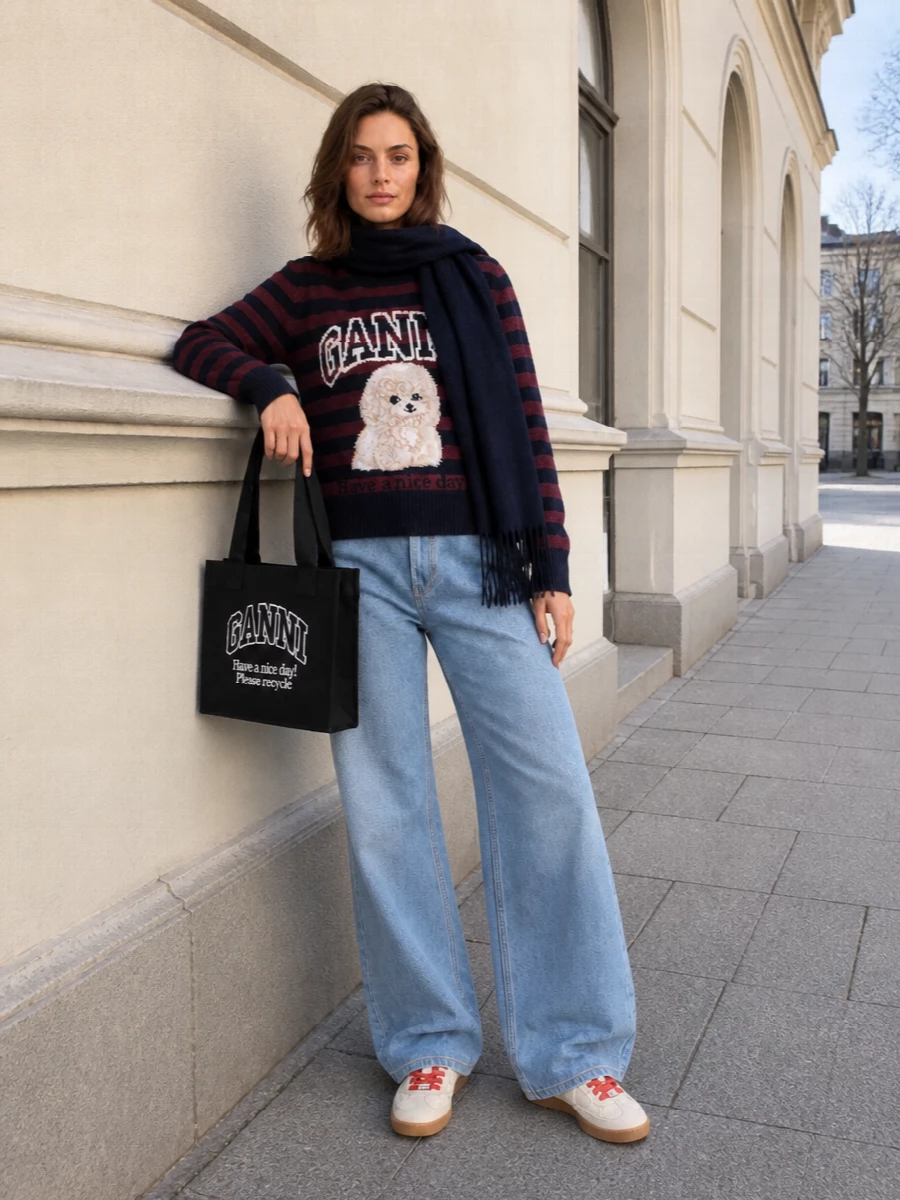Ganni striped dog sweater wide leg jeans outfit