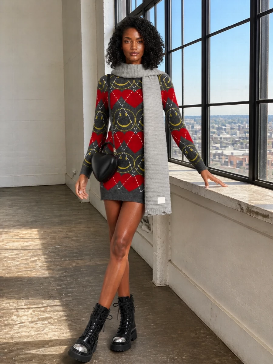 Moschino sweater dress combat boots heart bag