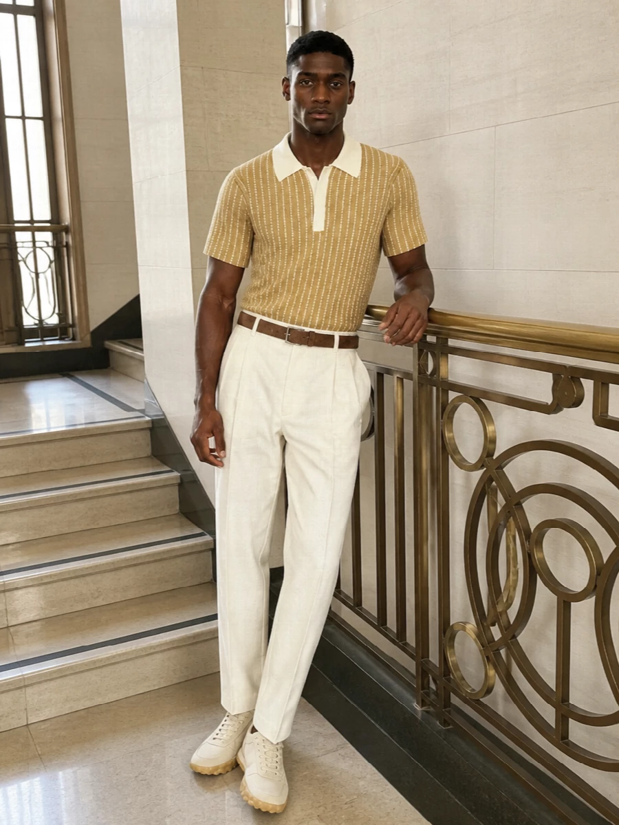 Jil sander camel knit polo off white trousers