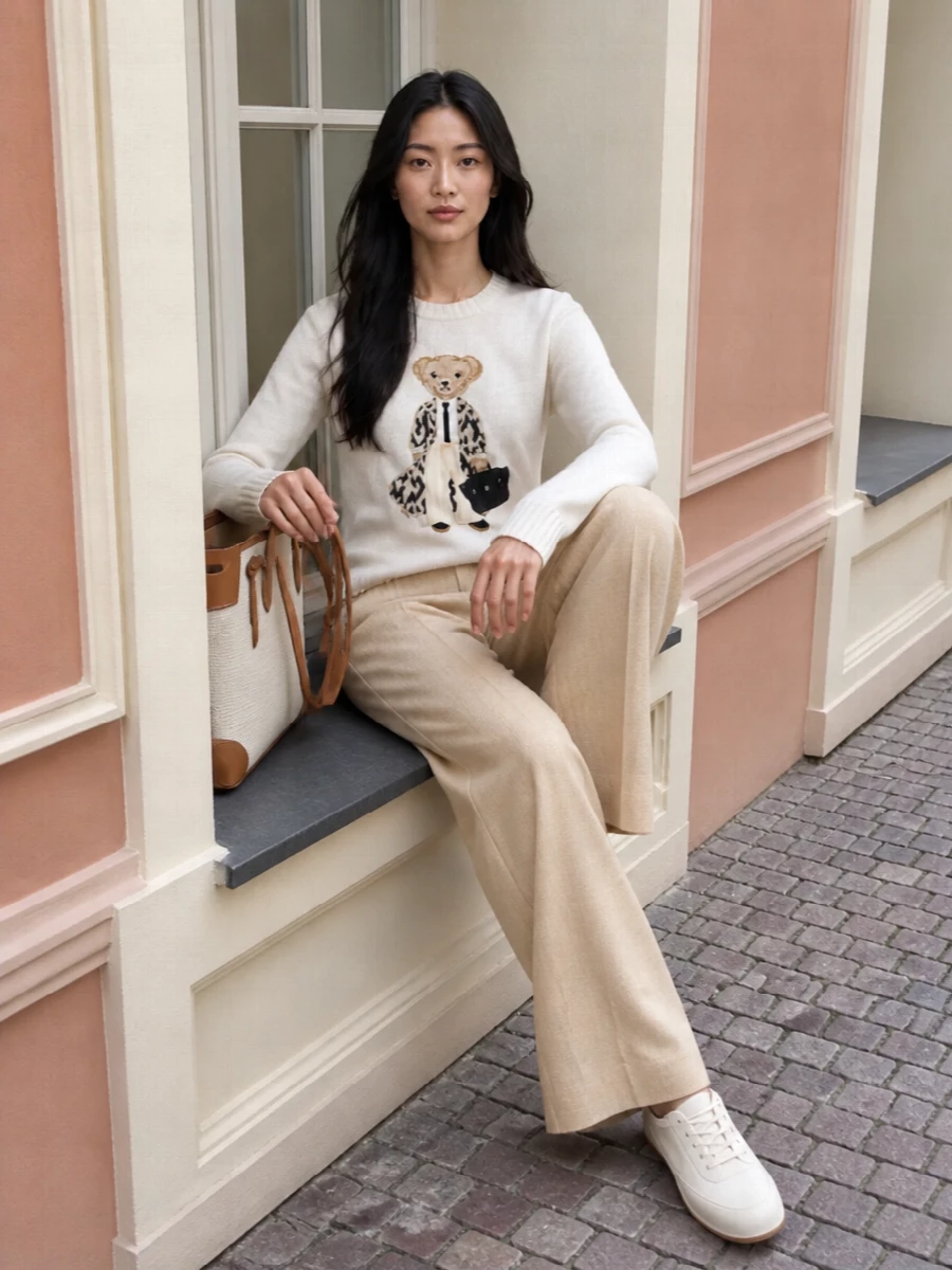 An ivory bear sweater is grounded with sun-washed beige wide-leg trousers for a soft, collegiate take on polished day dressing. Clean ivory sneakers keep the mood relaxed, while a structured ivory-and-cognac tote and a camel silk scarf quietly reinforce the heritage palette. The result feels preppy and composed, perfect for city days when you want personality with restraint.