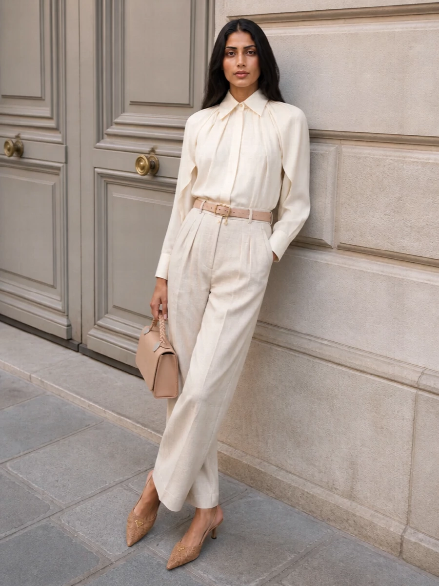 An ivory pleated Max Mara blouse is paired with fluid high-waisted wide-leg trousers in light beige, creating a softly elongated monochrome column that feels both architectural and effortless. Tan woven kitten-heel slingbacks and a nude structured top-handle bag introduce refined texture and warmth, while a blush belt quietly defines the waist for a polished, city-ready SS look.