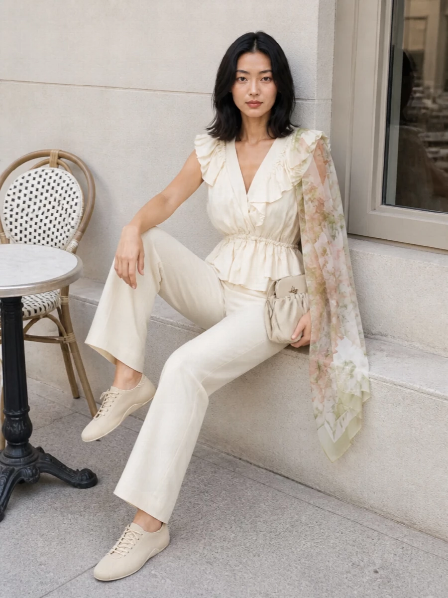 A softly structured cream trouser sharpens the romantic ruffled blouse, giving the waist definition and a long, fluid line through the leg. Nude lace-up flats keep it modern and relaxed, while the pleated beige clutch and gauzy floral scarf add just enough texture and color for warm evening dinners or gallery dates. The result is feminine, quiet and polished without feeling overthought.
