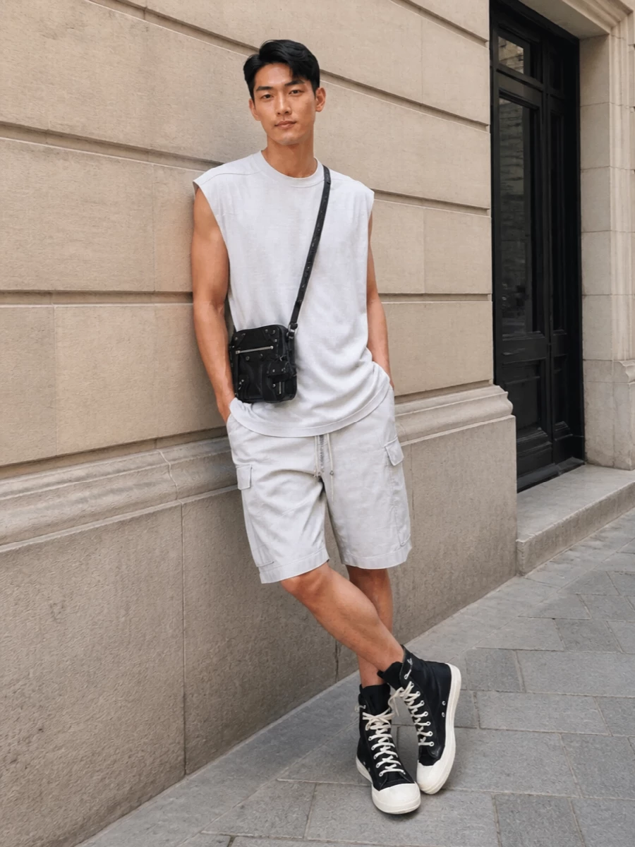 This look builds a clean, elongated Rick uniform around the pale stone cargo shorts, pairing them with an off-white longline tank for a tonal, summer-weight column through the torso. Black-and-eggshell high-top sneakers add sharp graphic contrast and structure at the ground, while the compact Balenciaga crossbody introduces a hit of moto hardware that keeps the outfit firmly in a luxury, urban register without crowding the silhouette. The result is relaxed, directional and quietly severe, ideal for warm-city days and late-night movement alike.
