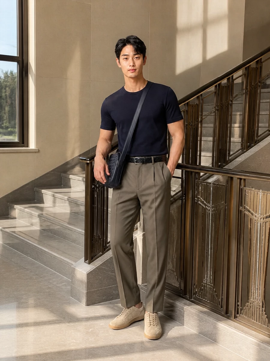 Zegna navy t shirt pleated olive trousers outfit
