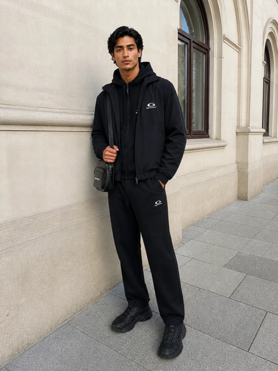 Balenciaga black hoodie track pants streetwear outfit