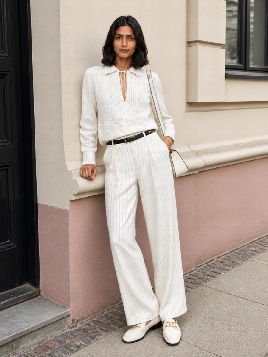Max mara striped shirt wide leg trousers outfit