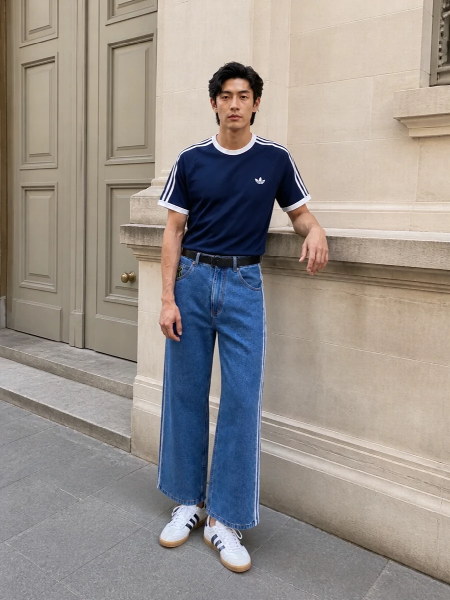 Adidas wide leg jeans navy 3 stripes tee outfit