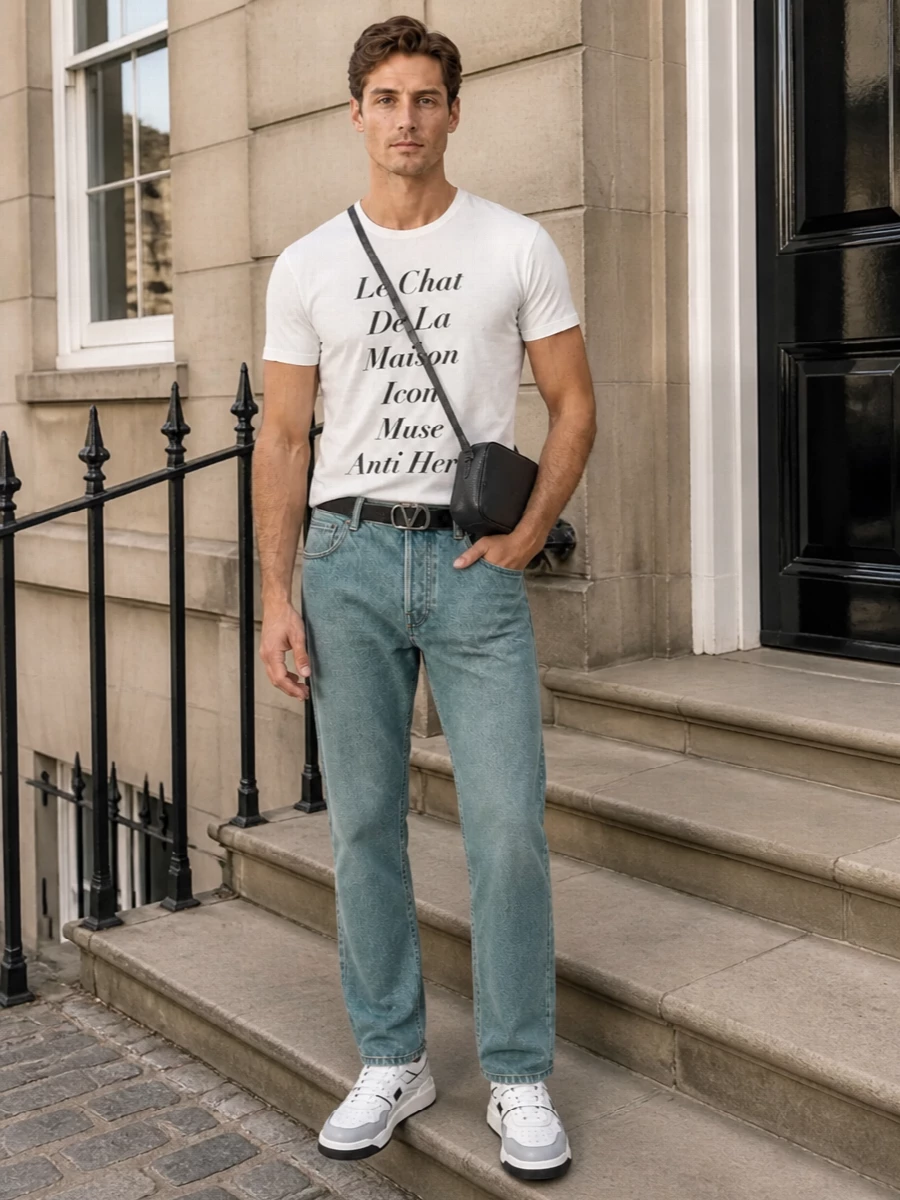 Valentino denim jeans off white slogan tee outfit