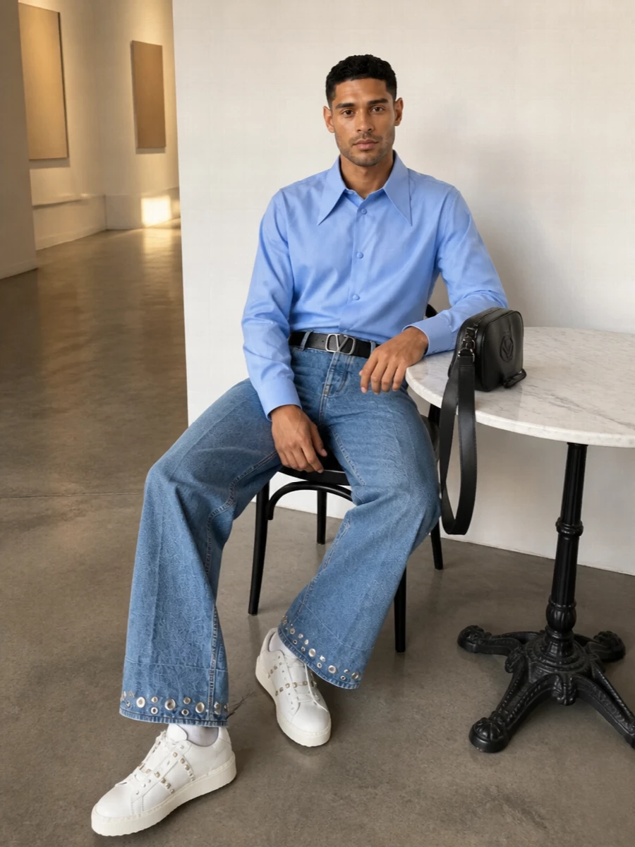 Valentino wide leg jeans blue shirt sneakers