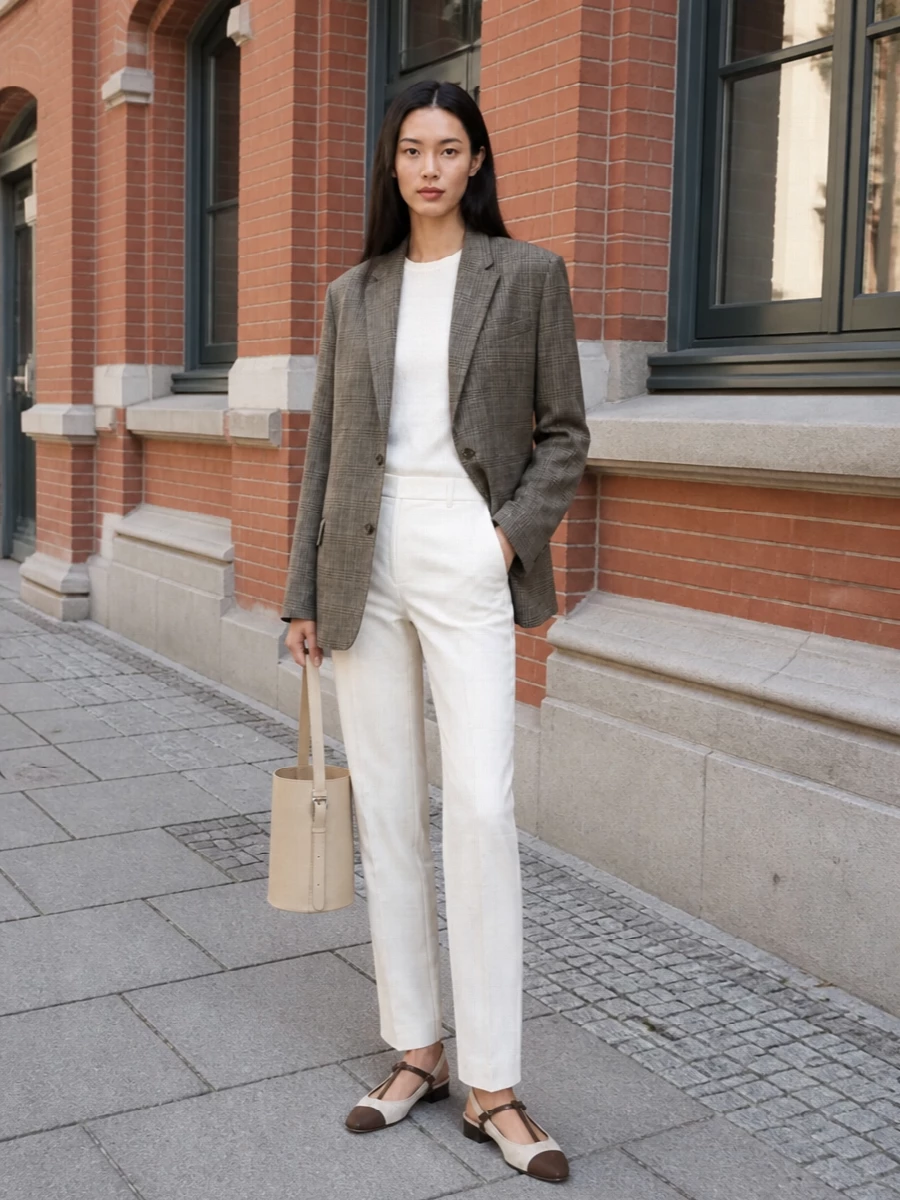 Relaxed checked tailoring meets precise ivory trousers for a clean, elongated take on office polish. Two-tone slingbacks and a buttercream bucket bag keep the palette light and cohesive while staying firmly in the quiet luxury space. The result is sharp enough for client days, but still soft and easy for long city afternoons.