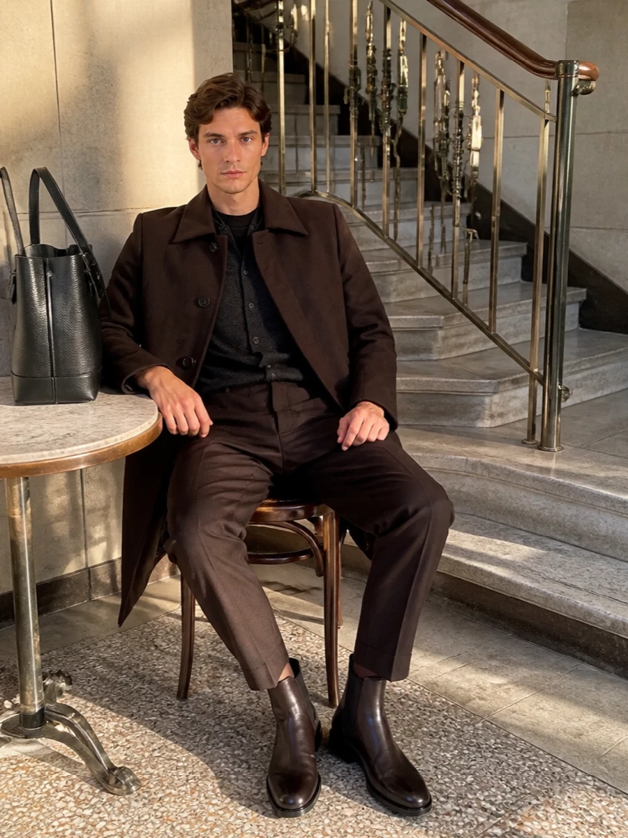 Mm6 brown coat tailored trousers chelsea boots