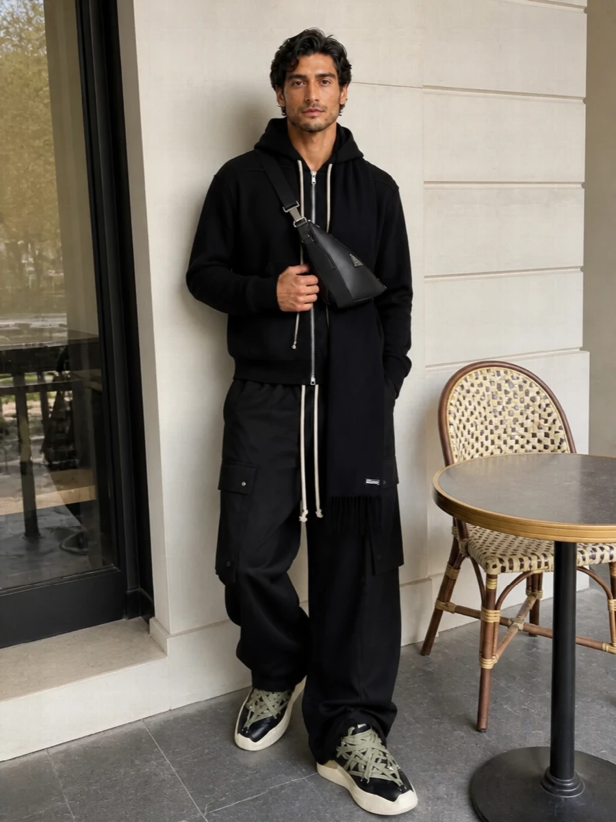 A shadowy Rick Owens uniform built around the hooded zip-up and relaxed wide-leg cargo creates a long, fluid line that still feels sharp and intentional. Chunky high-top sneakers echo the drawcord contrast and ground the volume, while the sleek Prada crossbody and matte black scarf add just enough structure and texture for city movement without breaking the monochrome mood.
