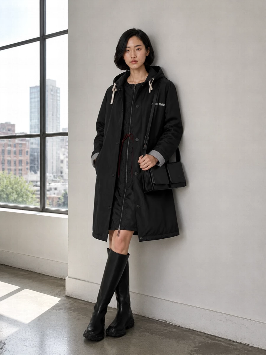 Miu miu parka prada nylon dress knee boots