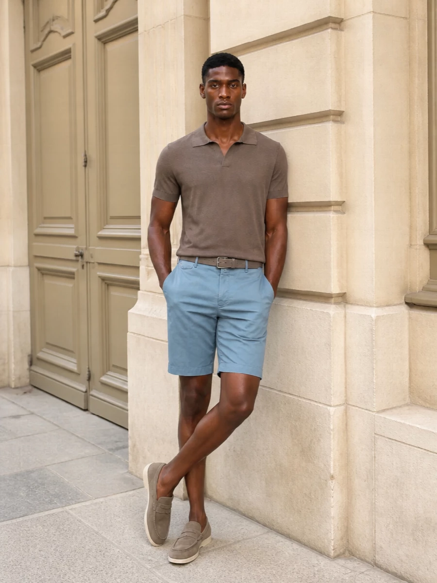 Tagliatore knit polo pt torino blue shorts outfit