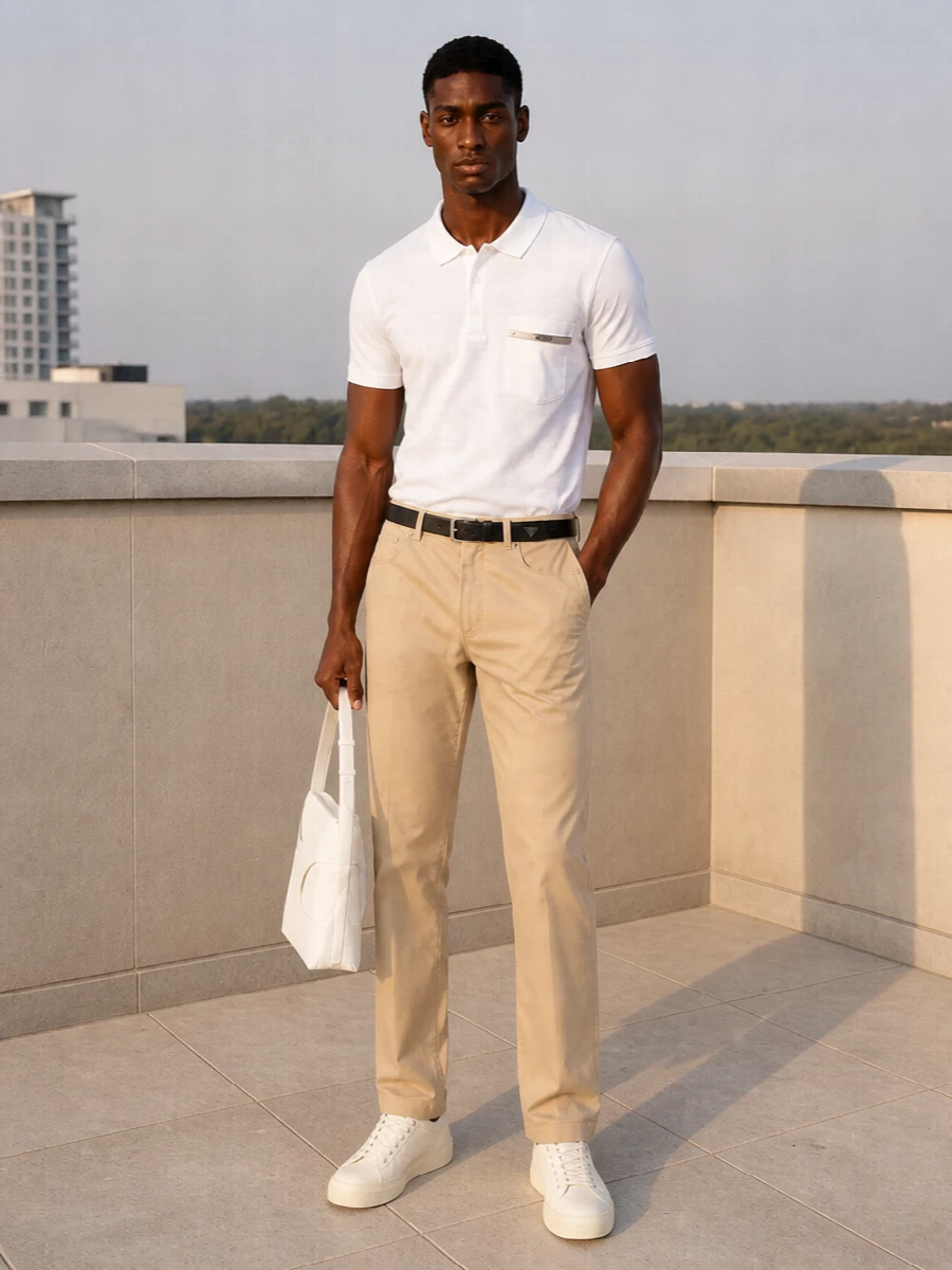 Moschino white polo beige trousers outfit