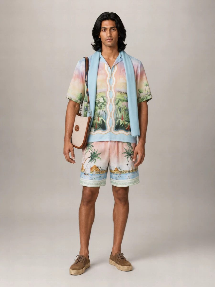Casablanca Silk Printed Cuban Collar Long-Sleeve Shirt