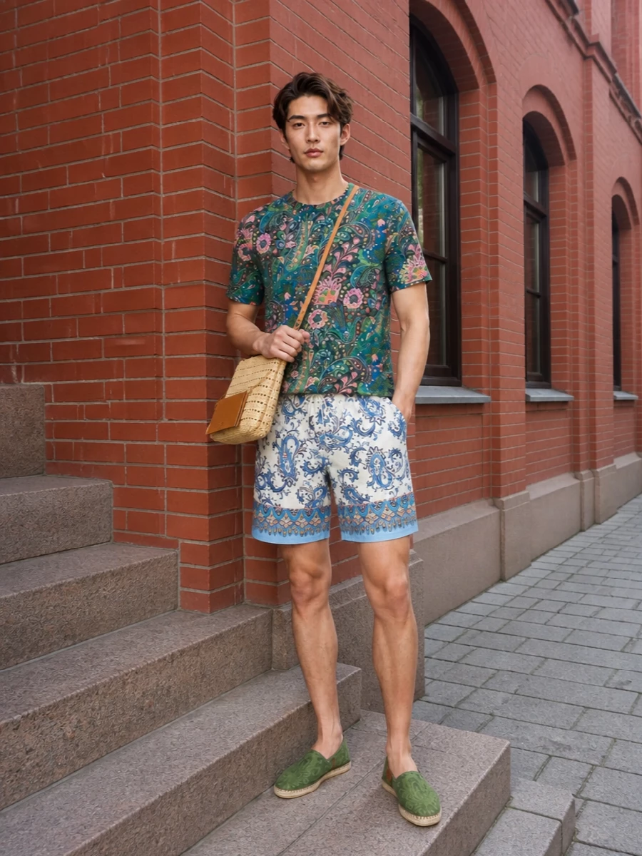 Etro paisley tee ivory shorts espadrilles