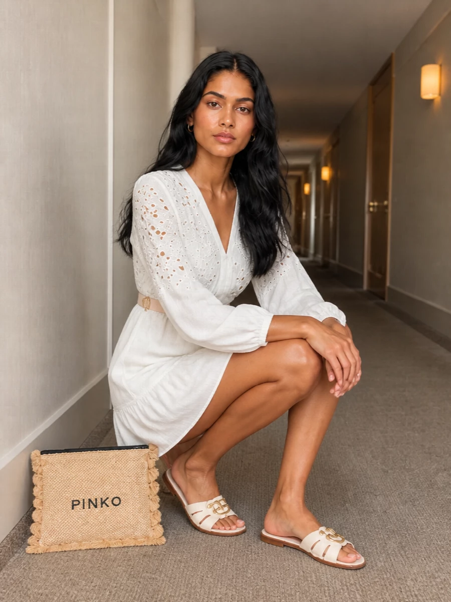 Pinko ivory summer dress cream sandals straw bag