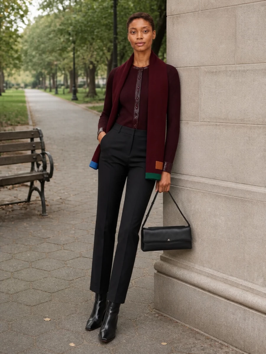 Courreges burgundy knit black tailored trousers