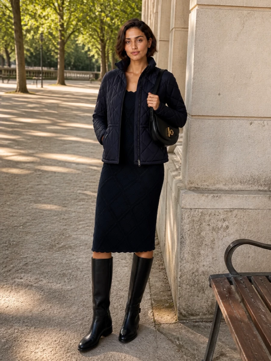 Burberry navy quilted jacket scalloped midi dress